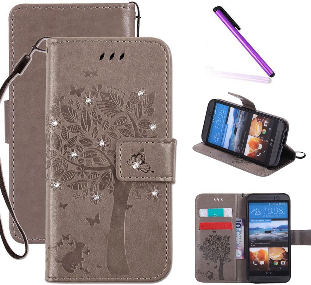 HTC One M9 Wallet Case, LEECOCO Embossed Floral 3D Handmade Bling Crystal Diamonds Butterfly with Card Slots Magnetic Flip Stand PU Leather Wallet Case for HTC One M9 Wishing Tree Gray