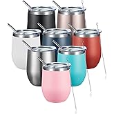 COMOOO Stainless Steel Wine Tumbler with Lid and Straw 12oz Double Wall Vacuum Insulated Travel Tumbler Cup for Coffee, Wine, Cocktails, Champagne (Mix color,8 Pack)