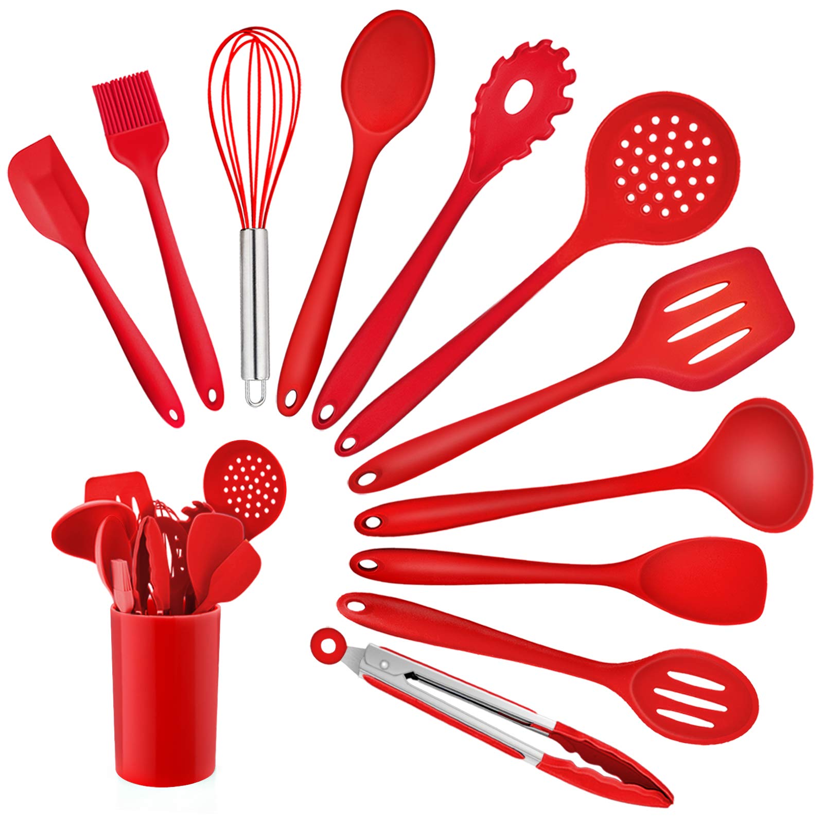 Kitchen Utensil Set, Homikit 12 Piece Cooking Utensils, Silicone Kitchen Utensils Set with Holder, Heat Resistant Kitchen Tools Include Spoons Turner Spatula Ladle Tong for Non-Stick Cookware, Red
