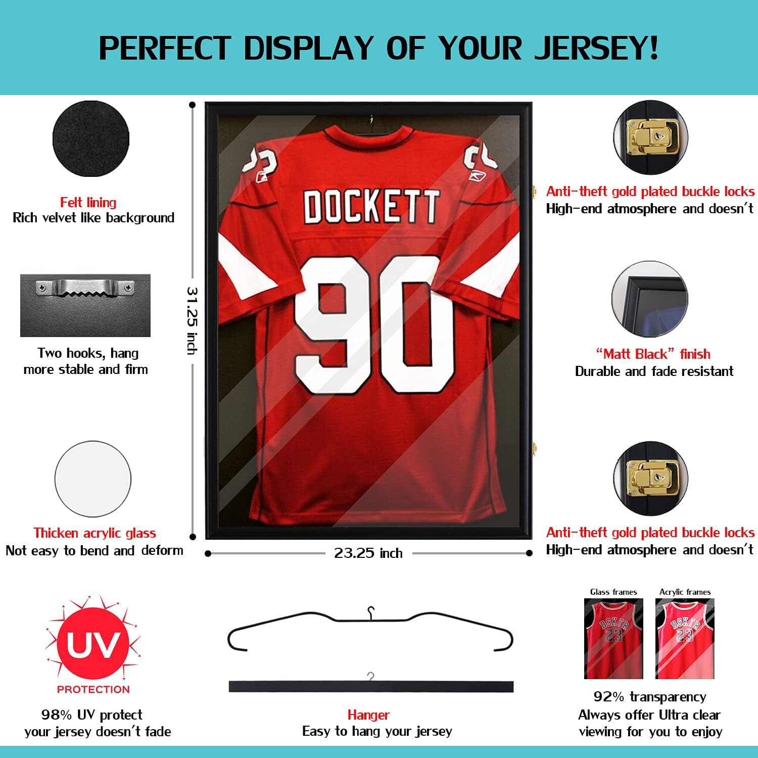 32 inch Jersey Frame Display Case, Large Lockable Shadow Box, UV Protection Acrylic Hanger, Wall Mount Option, Sports Memorabilia Display Case, for Baseball, Basketball, Football, Hockey, Black (Black) : Sports & Outdoors
