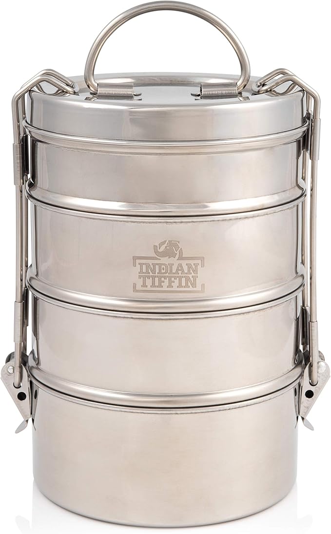 Amazon Com 4 Tier Indian Tiffin Stainless Steel Small To Medium Tiffin Lunch Box Lunch Boxes Kitchen Dining