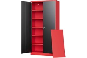 Letaya Metal Storage Cabinets with Lock, 71" Tall Locker Organizer Steel Cabinets, Adjustable Shelves 2 Doors for Home, Office, Warehouse,Garage,Industrial,Employee Lockers (Style B, Black Red)