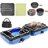 Hisencn Camping Stove 2 Burner Foldable Propane Camping Stove with Cookware | 30000 BTU Perfect for camping backyard tailgating,portable gas stove with cookware set and carry bag, outdoor use,Blue