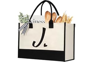 shenee Initial Canvas Tote Bag, Personalized Beach Jute Bag Present for Women Holiday,Friends Birthday Gift,Wedding, New Year