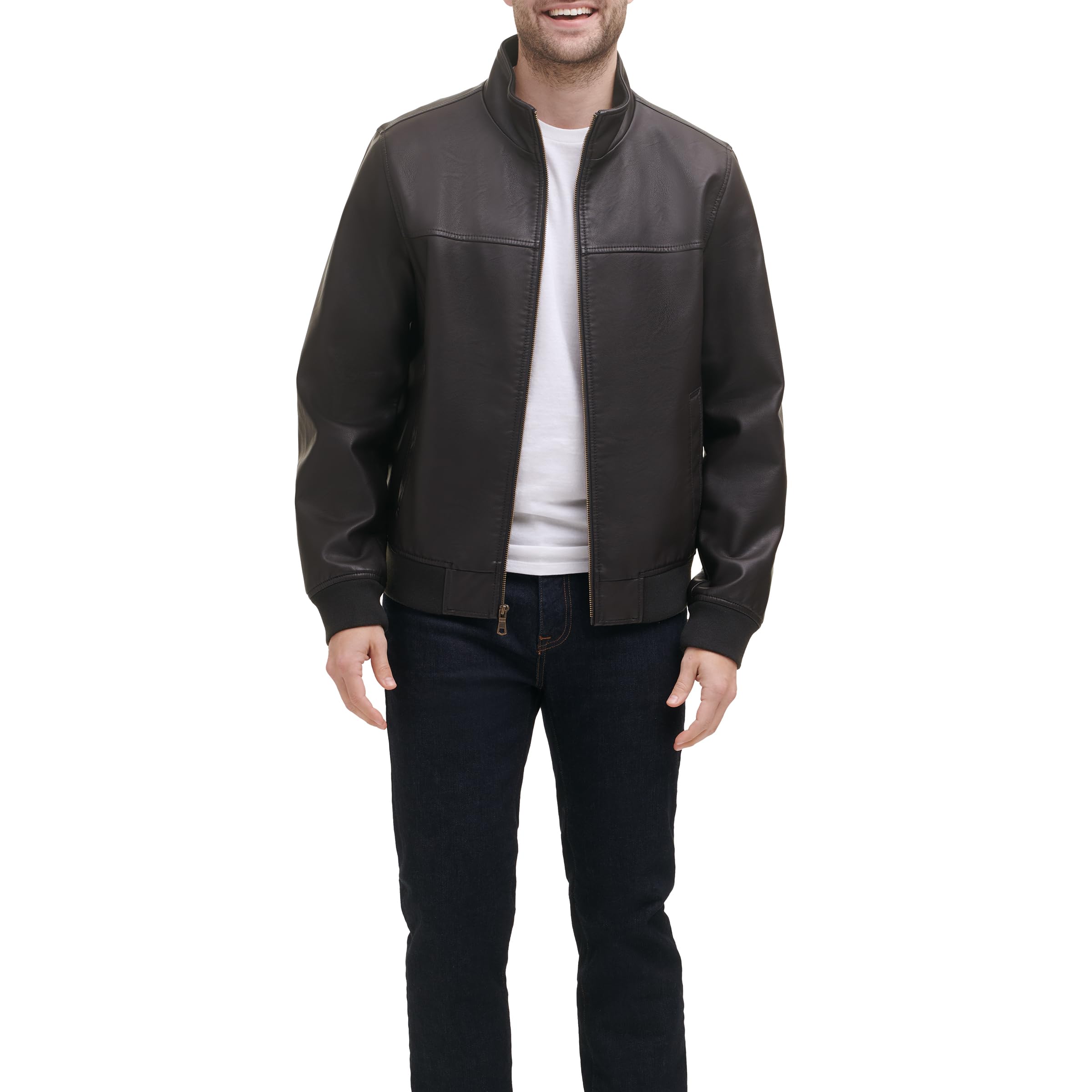 Tommy Hilfiger mens Bomber Faux Leather Jackets, Dark Brown, Large Tall US Image