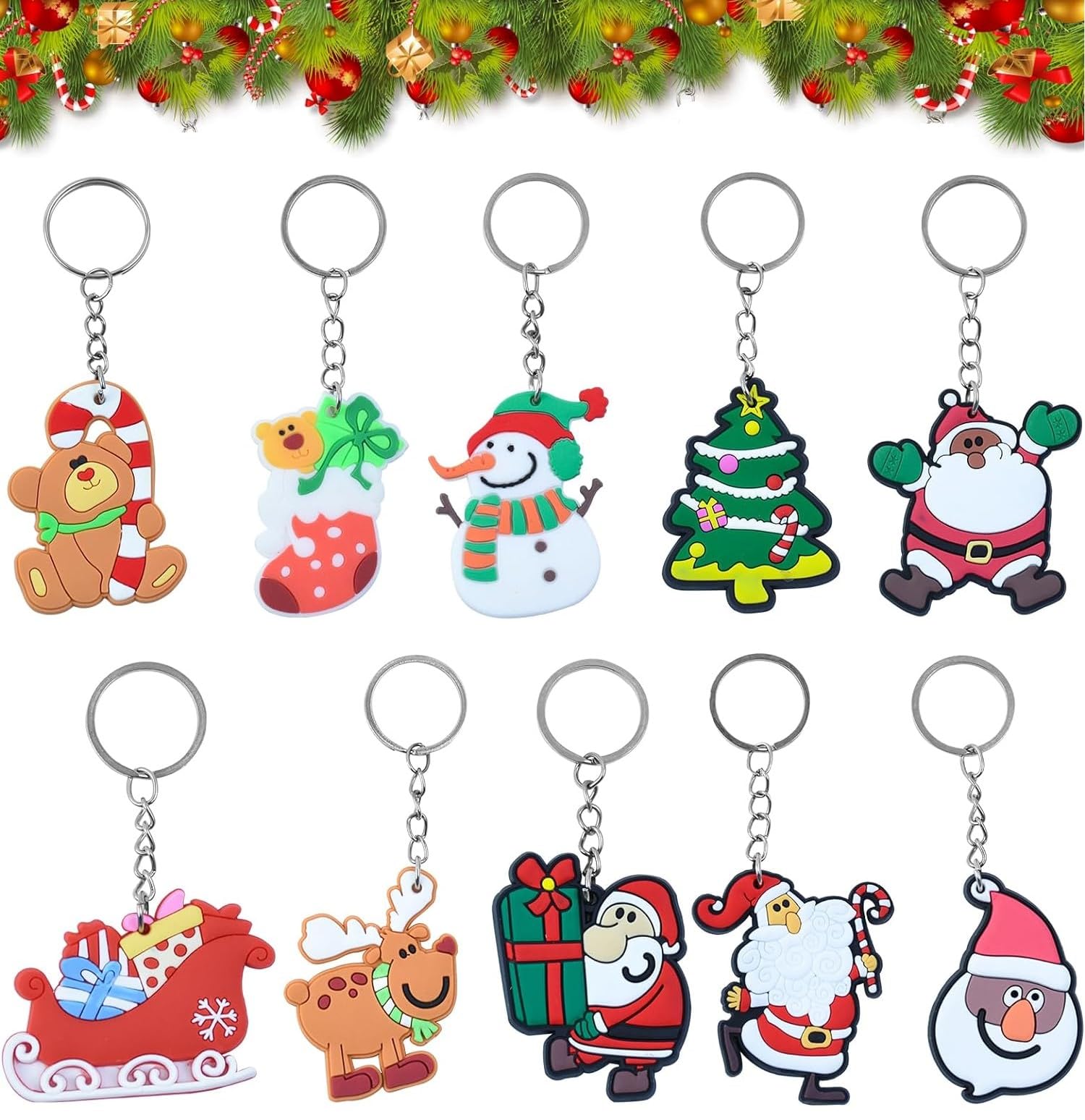 LATERN 100Pcs Christmas Keychains, 10 Styles Cartoon Xmas Keyrings Santa Claus Snowman Christma Tree Stocking Key Chain for Xmas Gifts Christma Party Favors Xmas Decoration