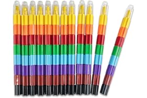 Huji Stacking Buildable 8 Colors Crayons Set, Connect Stack and Build Sideways and Up, Favorite Toys Kids Children Party Favors School Supplies Safe Non-Toxic, Easy to Hold (12)