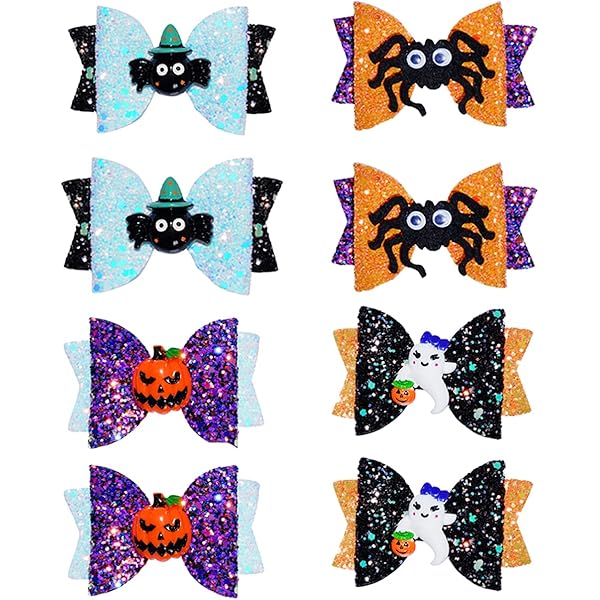 4 Pcs Halloween Hair Bow Clips - Cute Pumpkin Spider Web Glitter Hair Barrettes For Girls & Women