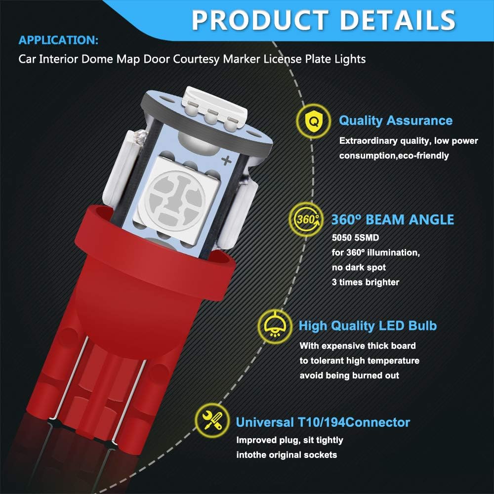 Defvnsy T10 W5W 194 168 501 LED Bulb, 12V Red Interior Bulb Light for Dome Lights License Plate, Dashboard, Door, Map, Trunk - Image 5