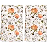 Nanstone Fall Pumpkin Kitchen Towel 18x26 Inch,Orange White Maple Leaves Dish Towels Hand Towels for Harvest Autumn Thanksgiving Home Kitchen Decoration (Set of 2)