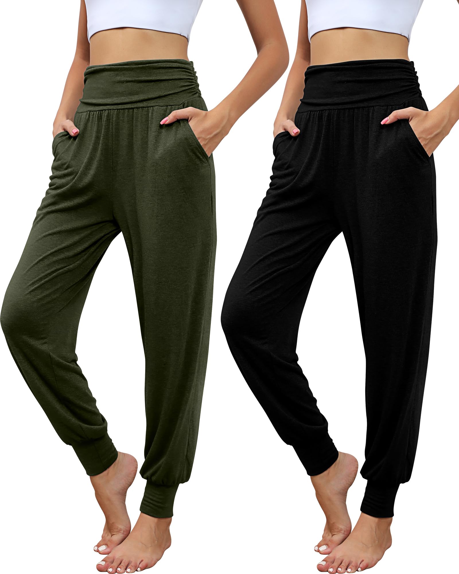 Photo 1 of Locoowai 2 Pack Women's Yoga Joggers, Cozy Sweatpants with Pockets Casual Loose Comfy High Waisted Lounge Pants (Black, Army Green,Large)