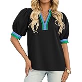 Tankaneo Womens Color Block Puff Sleeve Tops Dressy Casual V Neck Cotton Blouses Summer Loose Fit Tees Shirts