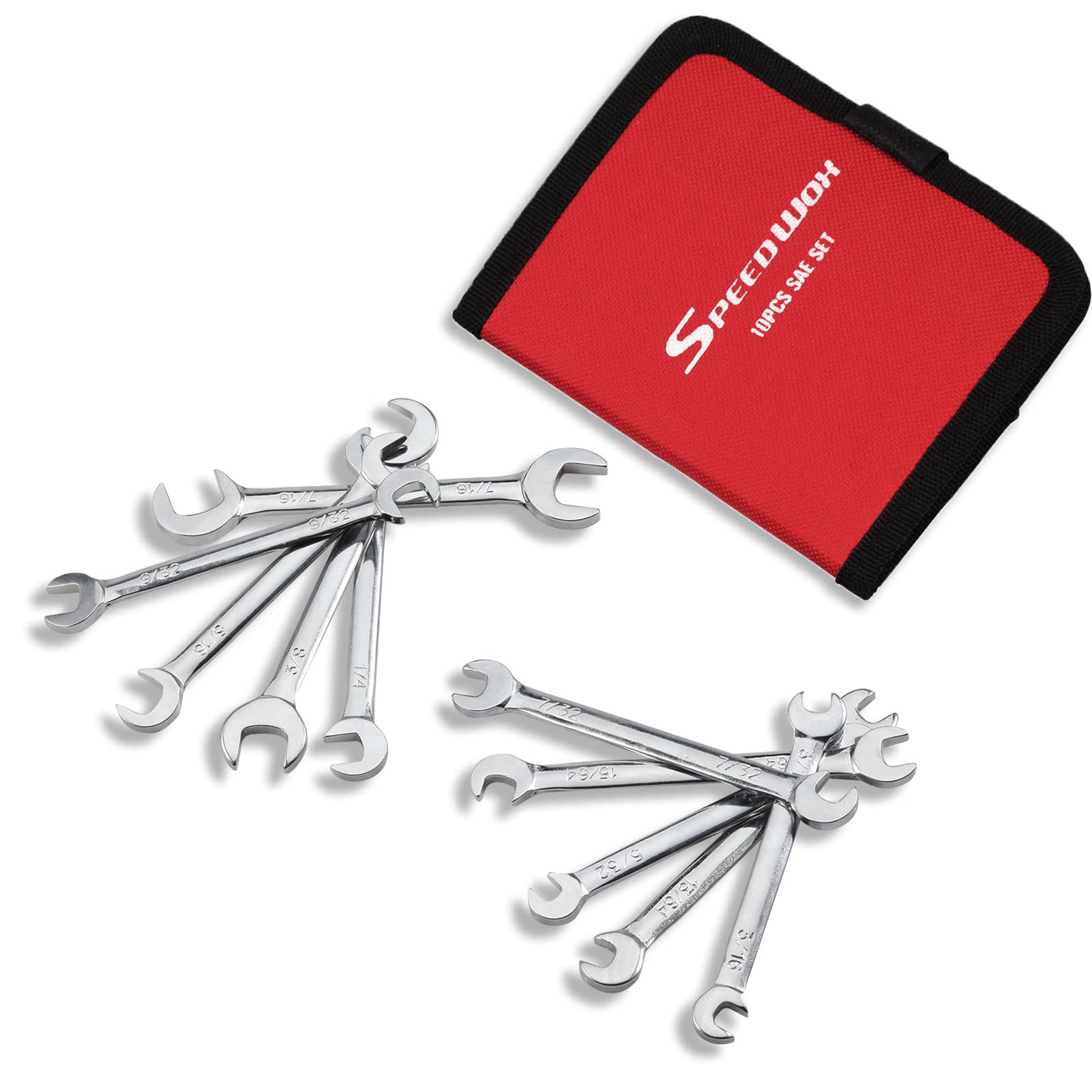 SPEEDWOX Mini Double Open End Wrench Set SAE 5/32''-7/16'' 10pcs Super-Thin Angle Head Spanner with Storage Pouch for Assembling Furniture Small Equipment, Silver