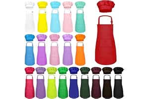 MEOGETY Kids Apron and Chef Hat Set Bulk Children’s Bib with 2 Pockets Adjustable for Boys Girl's Cooking Baking Painting for Age 6-13 Years