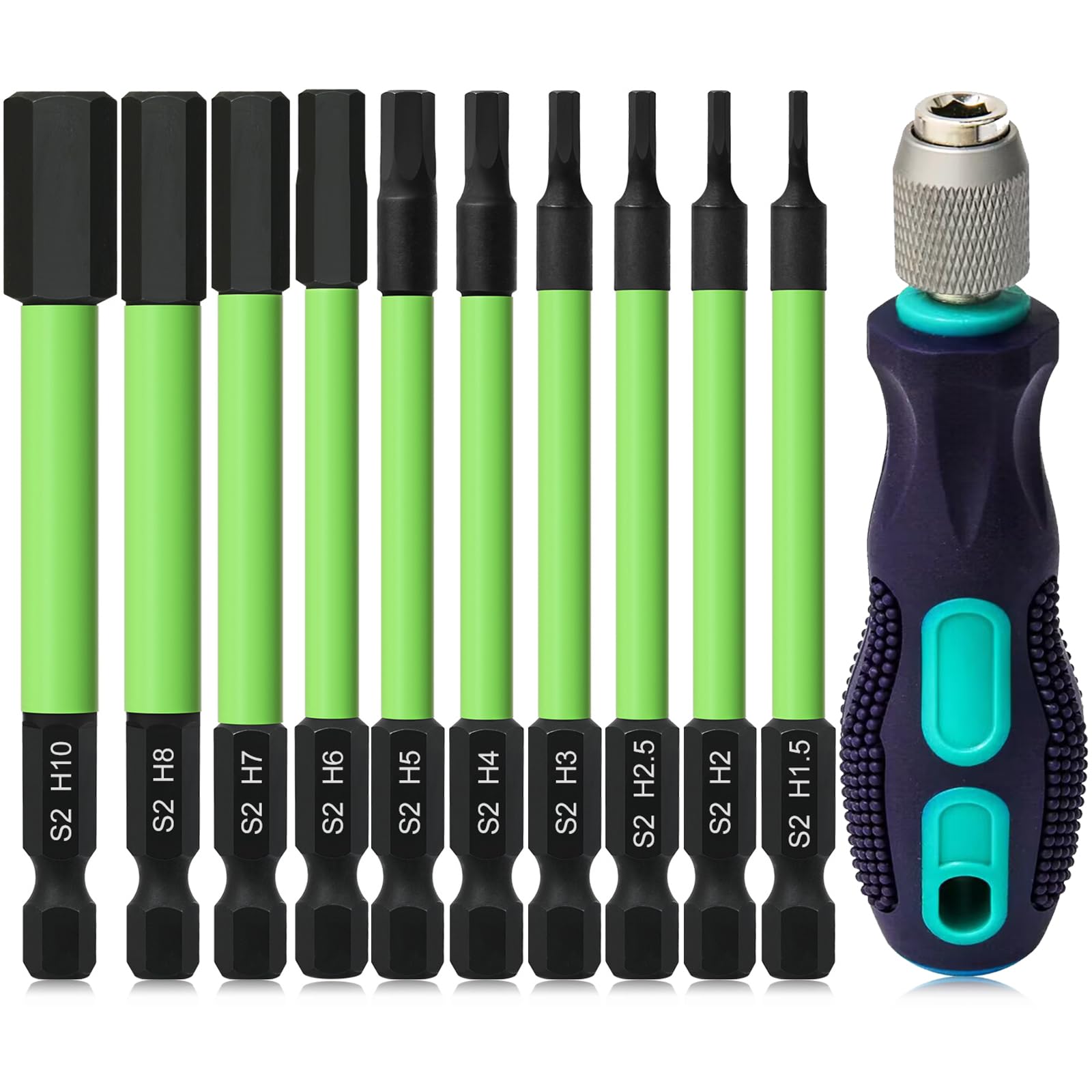 Impact Drill Allen Key Bit Set, 10PCS Hex Bit Set H1.5-H10 Allen Key Screwdriver Set, 89mm Long Metric Allen Key Drill Bit with Handle Screwdriver, Impact Driver Hex Head with 1/4 Inch Hexagon Shank