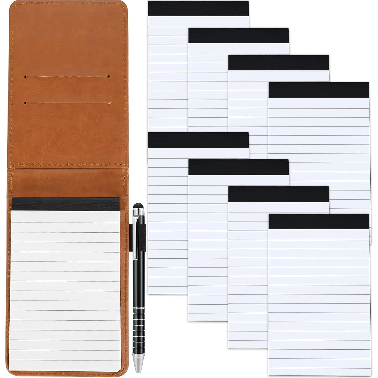Marte Vanci Pocket Notebook A7 Small Notepads with 50 Sheets Lined Paper, Mini Notebook and Pen Set with 8 Pcs Refills, PU Leather Note Pads for Office School Meeting To Do Lists Memo Journal Brown