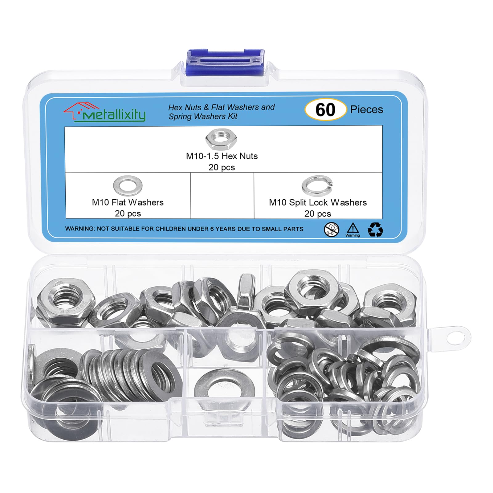 METALLIXITY Hex Nuts Assortment Kit (M10-1.5 Hex Nuts with M10 Flat Washers & Split Lock Washers) 60Pcs, 304 Stainless Steel Hexagon Nut Hardware Kit