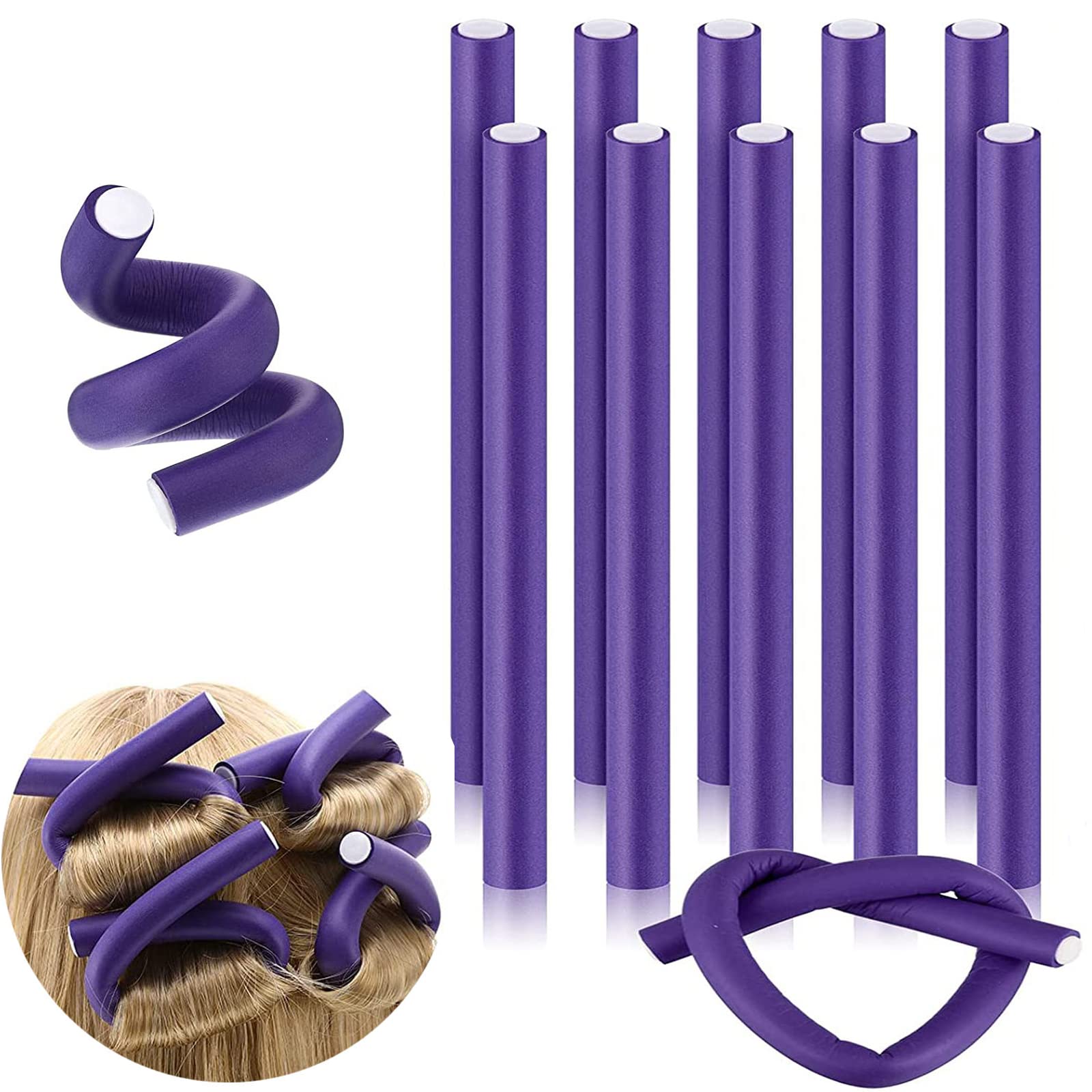 10 Flexi Rods, Flexible Curling Rods - Soft Foam No Heat Hair Rollers for Women & Girls, Long & Short Hair (Purple)