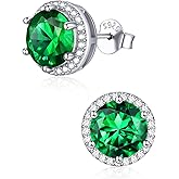 ChicSilver 925 Sterling Silver Birthstone Earrings for Women, 8MM/2 Carat Heart & Round Cubic Zirconia Stud Earrings, Hypoallergenic Jewelry, Ideal Birthday or Christmas Gifts