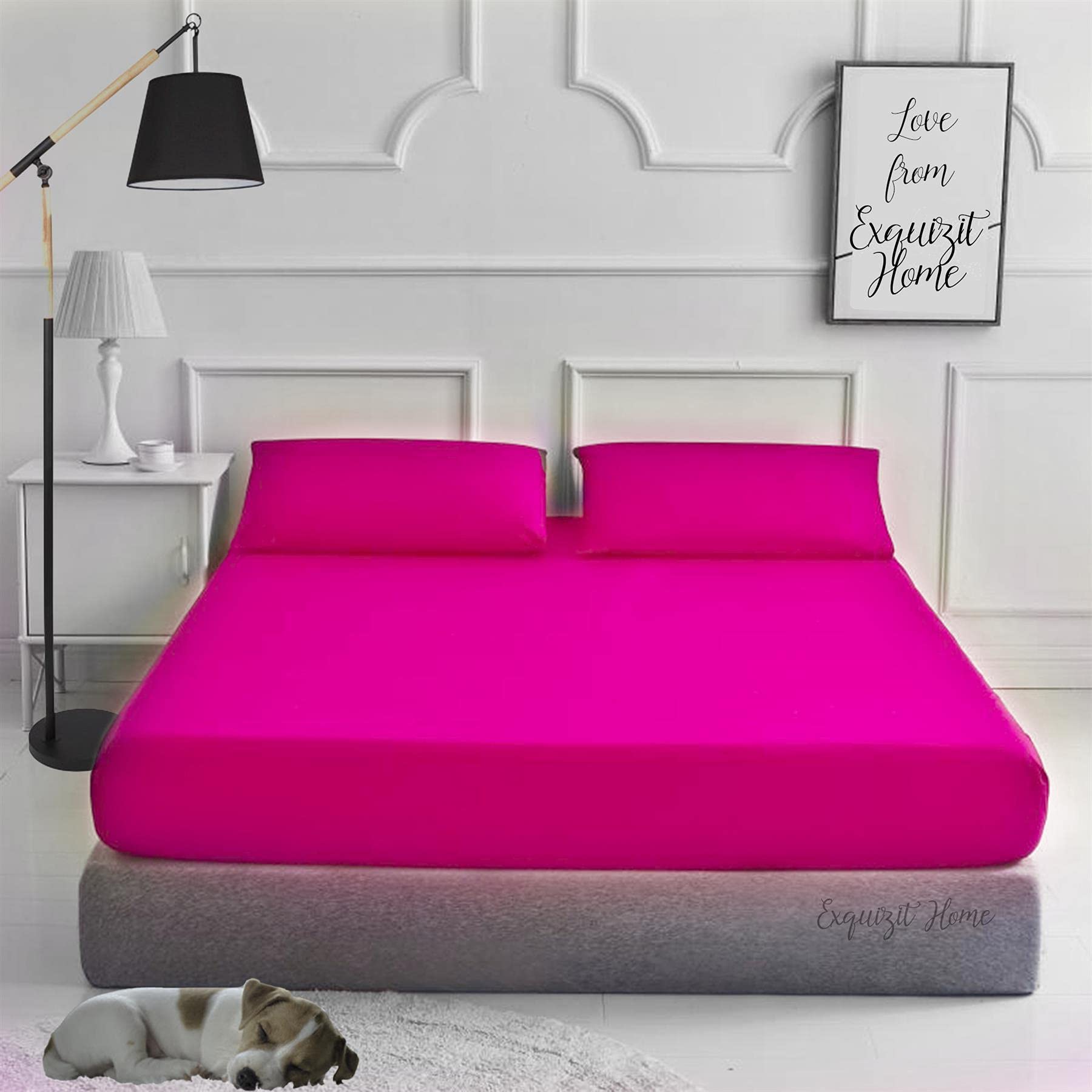 EXQUIZIT HOME® Fitted Bed Sheet with Pillowcases Pack of 1 – Plain Dyed Poly Cotton Percale Easy Care 180TC Bed Sheet, Soft & Durable 50% Cotton 50% Polyester (Fuchsia–Single)
