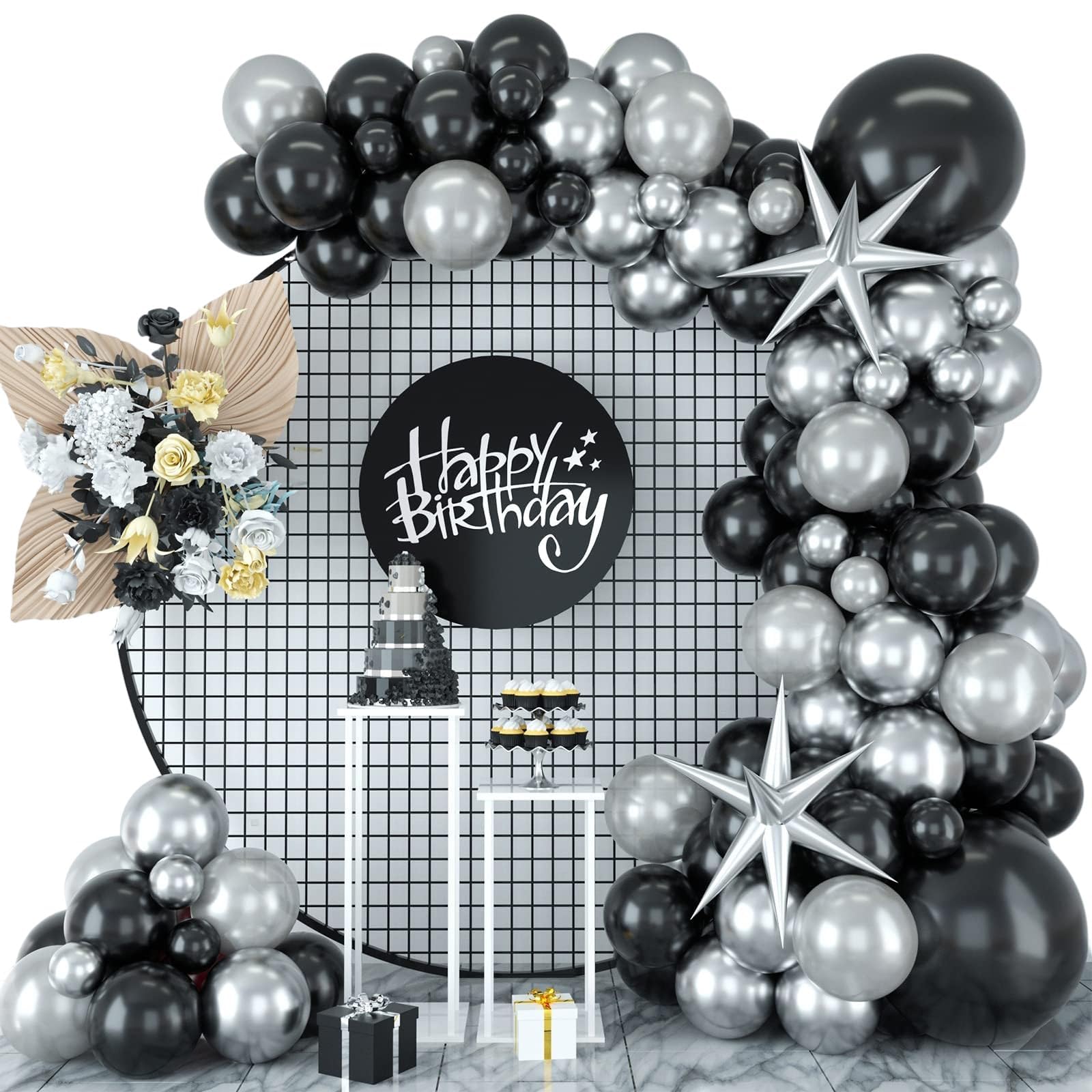 Black Silver Balloons Garland Kit, Black Silver Balloons Arch Kit With Black and Metallic Silver Latex Balloons, Black Silver Balloons Arch for Birthday Wedding Anniversary Party Supplies