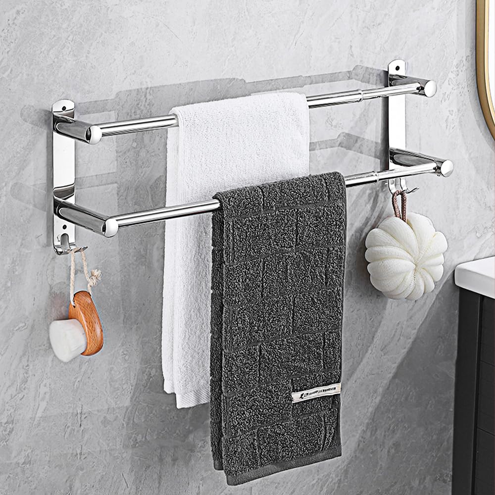 HONPHIER Adjustable Towel Rails 43-78CM Bath Towel Racks Stainless Steel Towel Shelves with Hooks Wall Mounted Towel Holders Towel Bar for Kitchen Bathroom, Black (Silver 2-Tier)