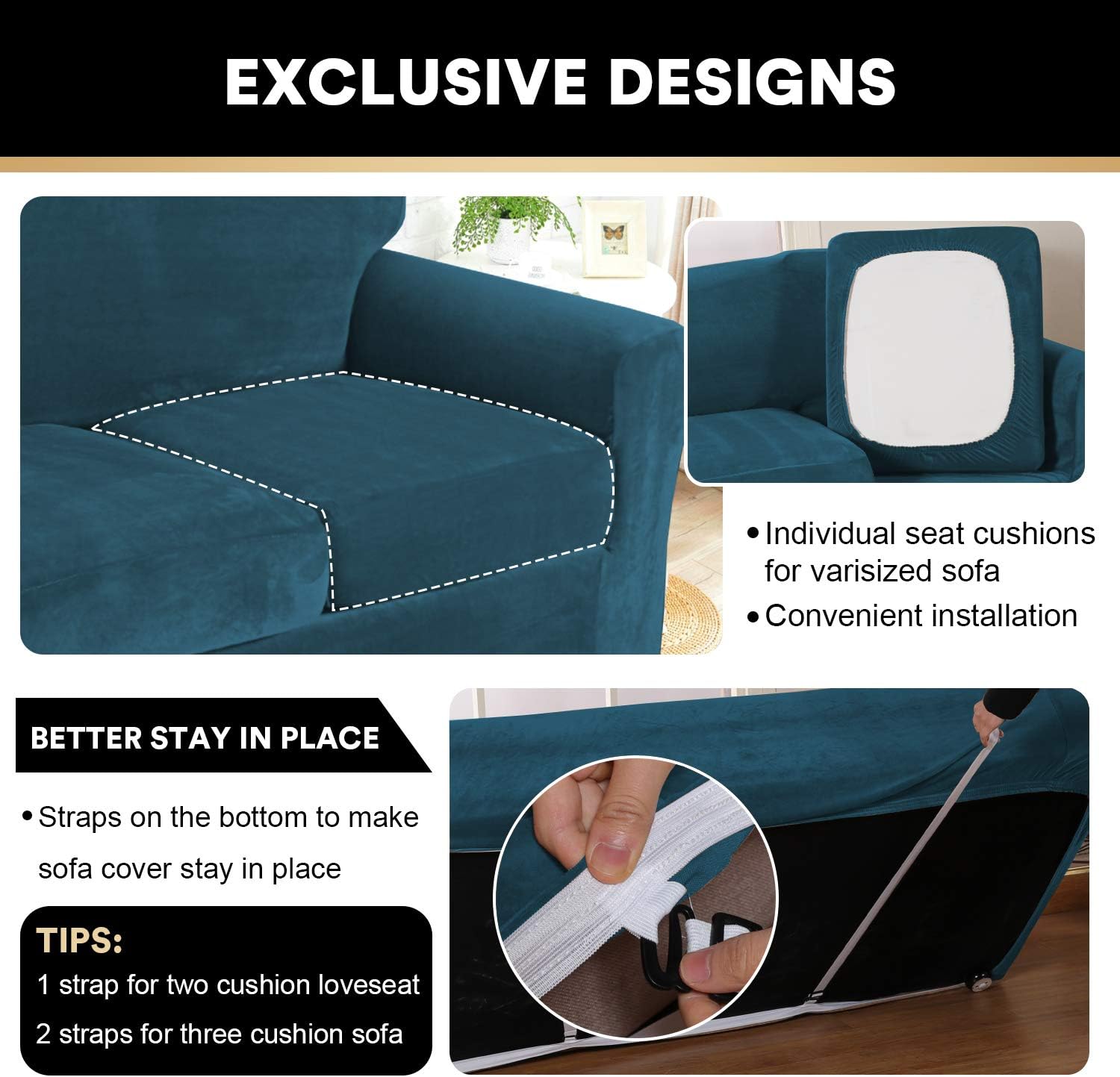 Real Velvet Stretch Chair Covers 2 Piece Armchair Cover Slipcovers - Include Base Cover and Cushion Cover - Sofa Covers Couch Covers 1 Seater Chair Slip Cover, Feature Thick Soft Velour, Deep Teal: Home & Kitchen