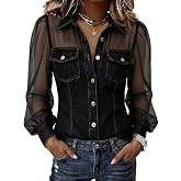 Women's Button Chiffon mesh Sleeves Imitation Denim Shirt