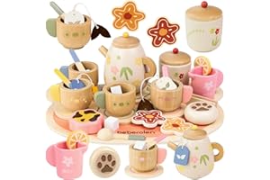 Beberolen Tea Party Set for Toddlers 3-5 Girls Boy Birthday Gift Pretend Play Food Wooden Picnic Outdoor Toys Kids Age 2 3 4 5 6 Educational Wood Toy