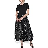 KARL LAGERFELD Womens Pearl Mesh Short Sleeve Round Neck Midi Dress