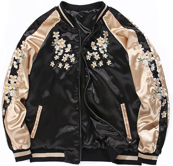 Amazon Cnstone 刺繍 ジャケット フライトジャケット 刺繍入り スカジャン 原宿系 派手 個性的 かわいい カジュアル アウター サテン 軽量 防風 春秋 コート ジャケット 通販