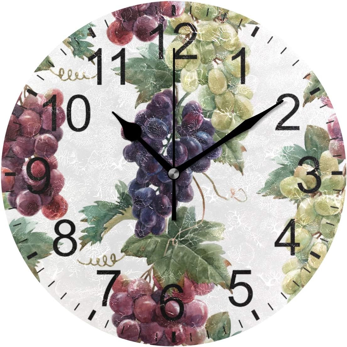 SENNSEE Fruit Grape Wall Clock Decorative Living Room Bedroom Kitchen Battery Operated Round Clock Art for Home Decor Unique