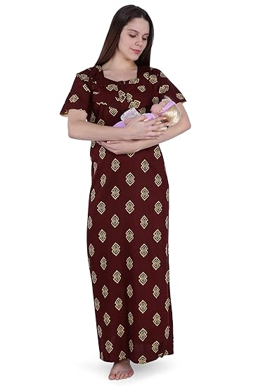 Women's Cotton Feeding Nighty/Maternity Nighty/Nursing Nighty for Post & Pre Pregnancy Wear with Zip - Free Size