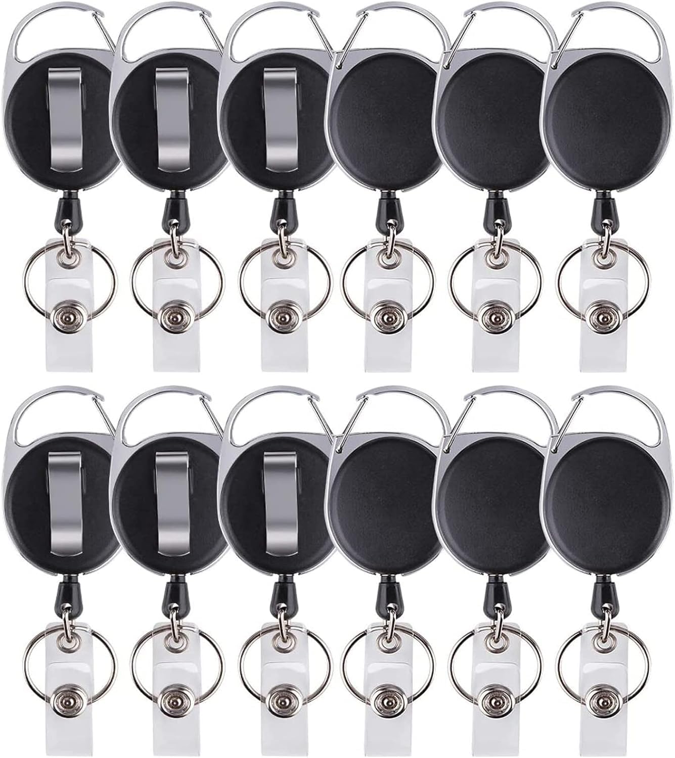suokoun 12 Packs Heave Duty Retractable Badge Holder with Carabiner Belt Clip and Key Ring，Carabiner Badge Reels for Keys,ID Cards(Black, 26.5 Inch Pull Cord)