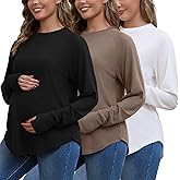 Bhome Maternity Shirts 3 Packs Long Sleeve Pregnancy Tops Loose Fit Casual Blouses with Thumb Holes