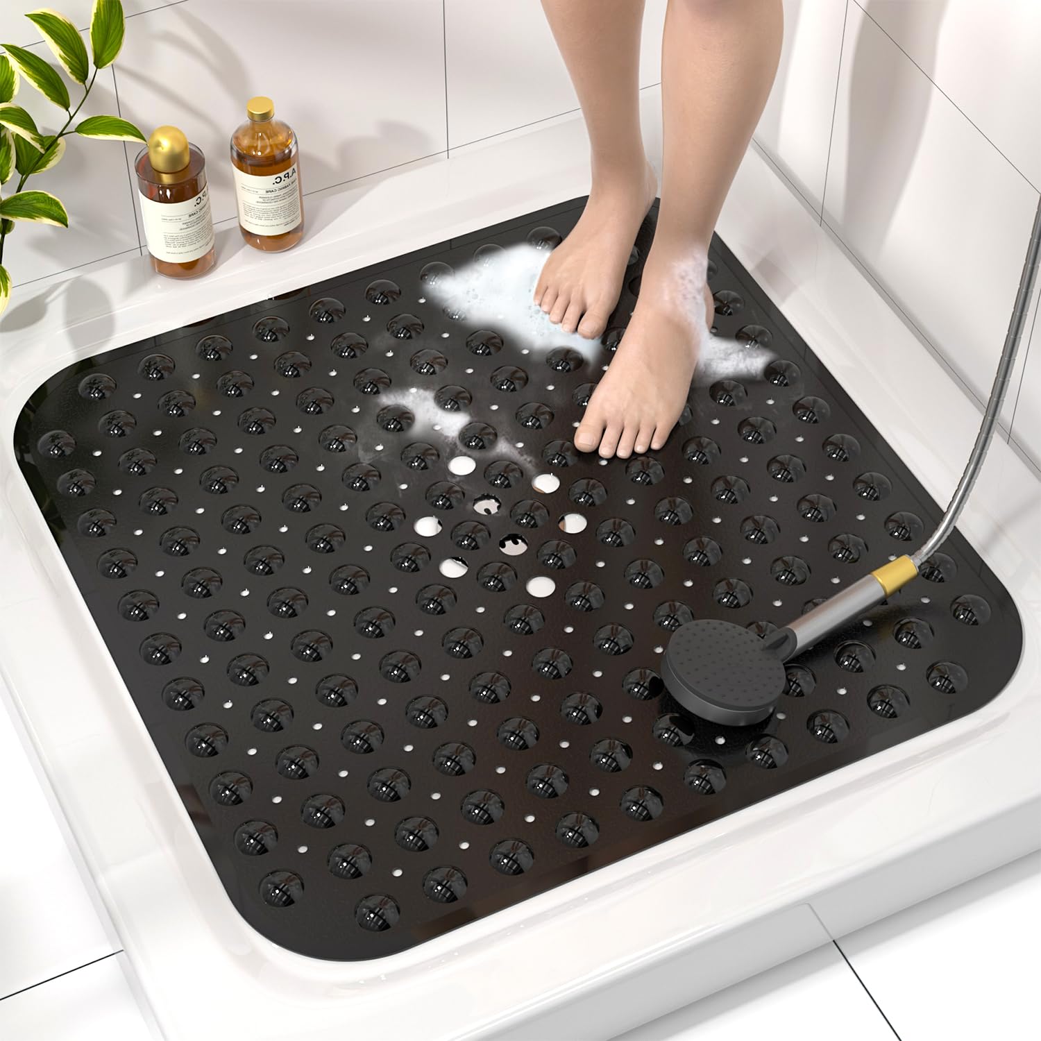 HITSLAM Square Shower Mat Non Slip Anti Mould, 53 x 53cm Bath Mat for Tub with Suction Cups and Drain Holes, Machine Washable Bathroom Anti Slip Shower Mat, Soft on Feet, Black