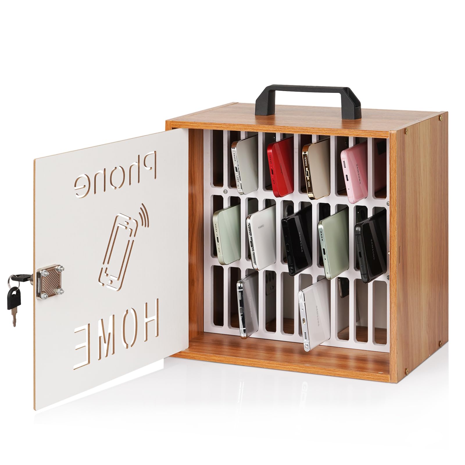 Photo 1 of Lzttyee Cell Phone Holder Classroom 33 Slots Wooden Cell Phone Storage Cabinet Pocket Chart with Handle and Security Lock for Classroom Office (33 Grid Cabinet Cherry)