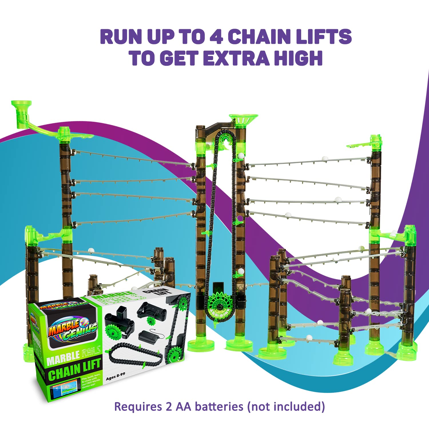 Marble Genius Add-on Accessory Marble Rails Automatic Chain Lift, 1 Piece Marble Run for Kids 8+ (Requires 2 AA Batteries), STEM, Great for Kids & Teens