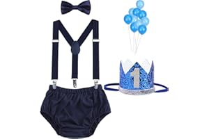 WELROG Baby Boys First Birthday Cake Smash Outfit Bow Tie Suspenders Bloomers Birthday Hat Sparkle Gold Set