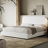 HOMBCK Queen Size Boucle Bed Frame, Upholstered Bed Frame Queen Size with Headboard, Soft Cloud Bed with Thickened Footboard, Rounded Corners, No Box Spring Needed, Easy Assembly, White