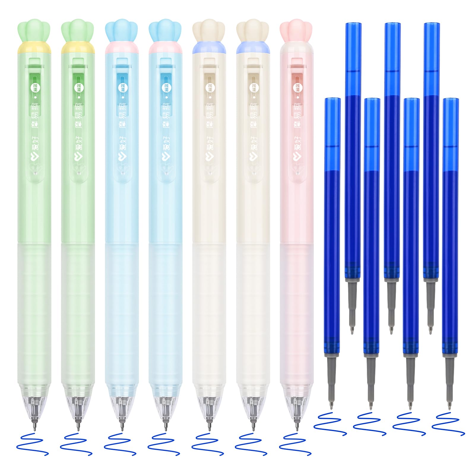 BAYTORY Pastel Erasable Gel Pens, 7Pcs Blue Ink & 7Pcs Refills, Aesthetic Rub Out With Eraser, Smooth Writing for Home School and Office Supplies (Flower Eraser)