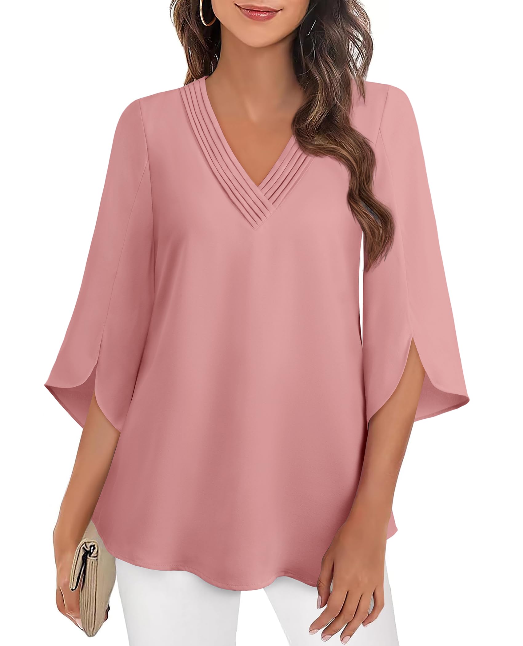 Photo 1 of 3/4 Length Sleeve Womens Tops 2025 Trnedy Work Blouses for Women Dressy Casual Ladies Spring Tops Chiffon Tunic to Wear with Leggings Cute Shirts Pink Business Attire Professional Office Outfits S