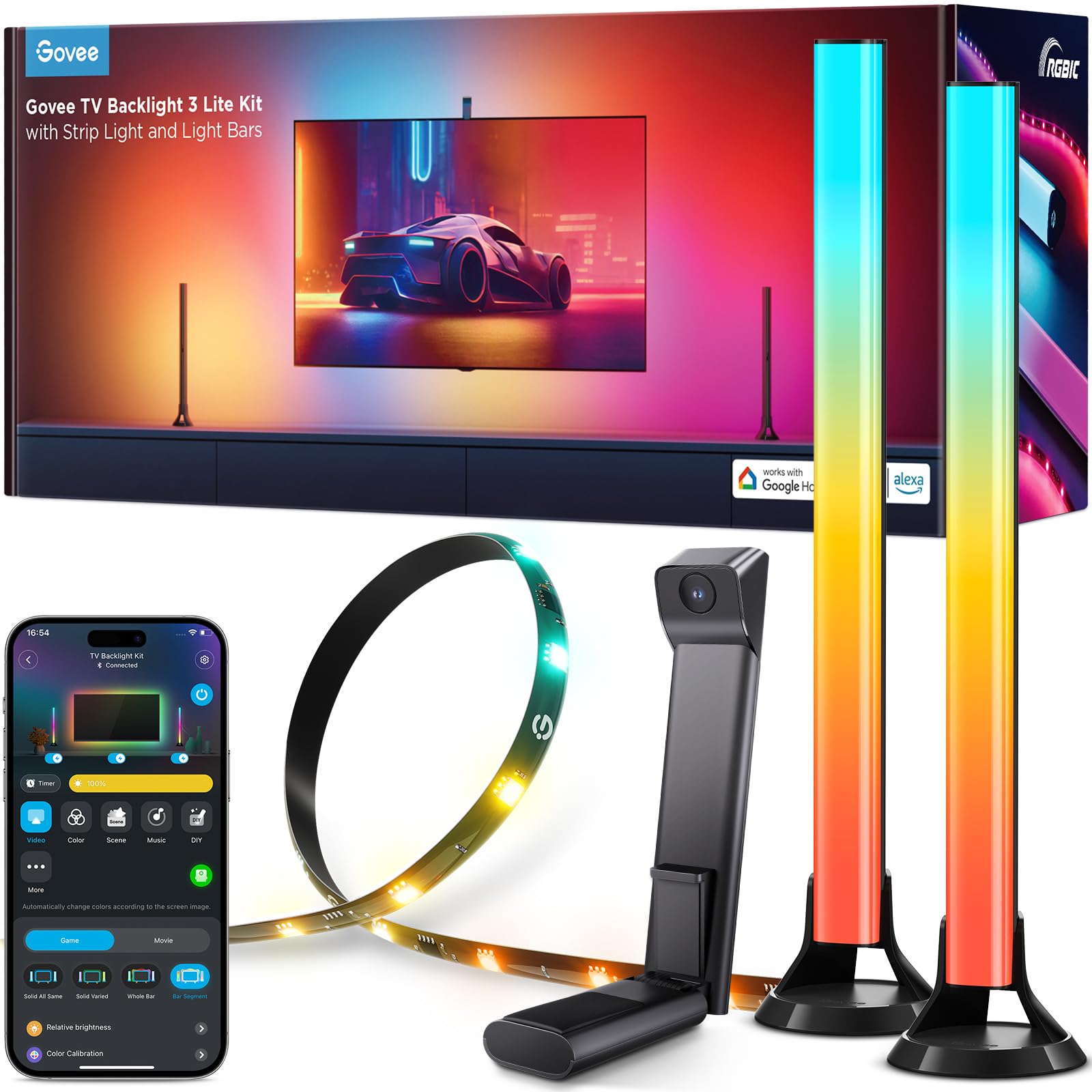 Govee TV Backlight 3 Lite Kit, 11.8ft RGBICW Wi-Fi LED Strip Light with Camera and 15 Inches Smart Lightbars with Double Light Beads, LED Lights for 55-65in TVs, Works with Alexa & Google Home