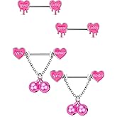 OUFER 4PCS Nipple Piercing Jewelry, 14G Pink Bell&Chain Nipple Rings Surgical Steel, Melting Heart 14MM Nipple Barbells, Nipple Piercing Kit For Women