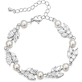Crysdue Cubic Zirconia Simulated Pearl Bridal Wedding Leaf Filigree Tennis Bracelet for Brides Bridesmaid Birthday Mothers Christmas Valentines Day Jewelry Gifts for Women