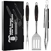 Grilaz Stainless Steel BBQ Tool Set | Dark-Dyed Wood Handles | Heavy Duty Grilling Accessories | 3-Piece Outdoor Barbecue Grill Utensil Set with Spatula, Fork, and Tongs - Ideal Gift for Men…