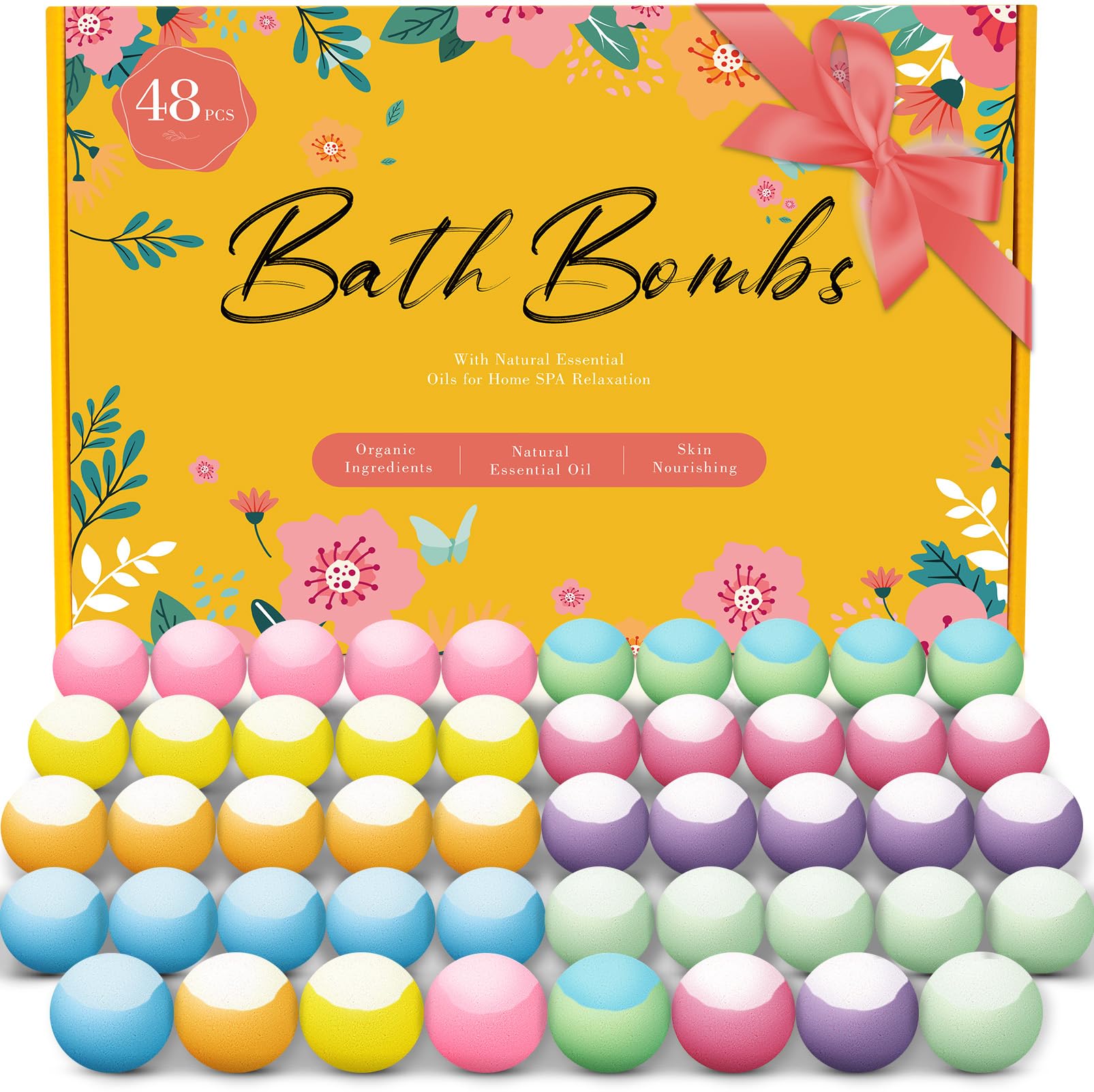 Vacplus Bath Bombs - 48 Pack, Handmade Bath Bomb Set with 8 Scents, Organic Bath Bombs Bulk with Essential Oils, Bath Bombs for Women Relaxing & Skin Nourishing, Bath Bombs for Girls, Great Gift Idea