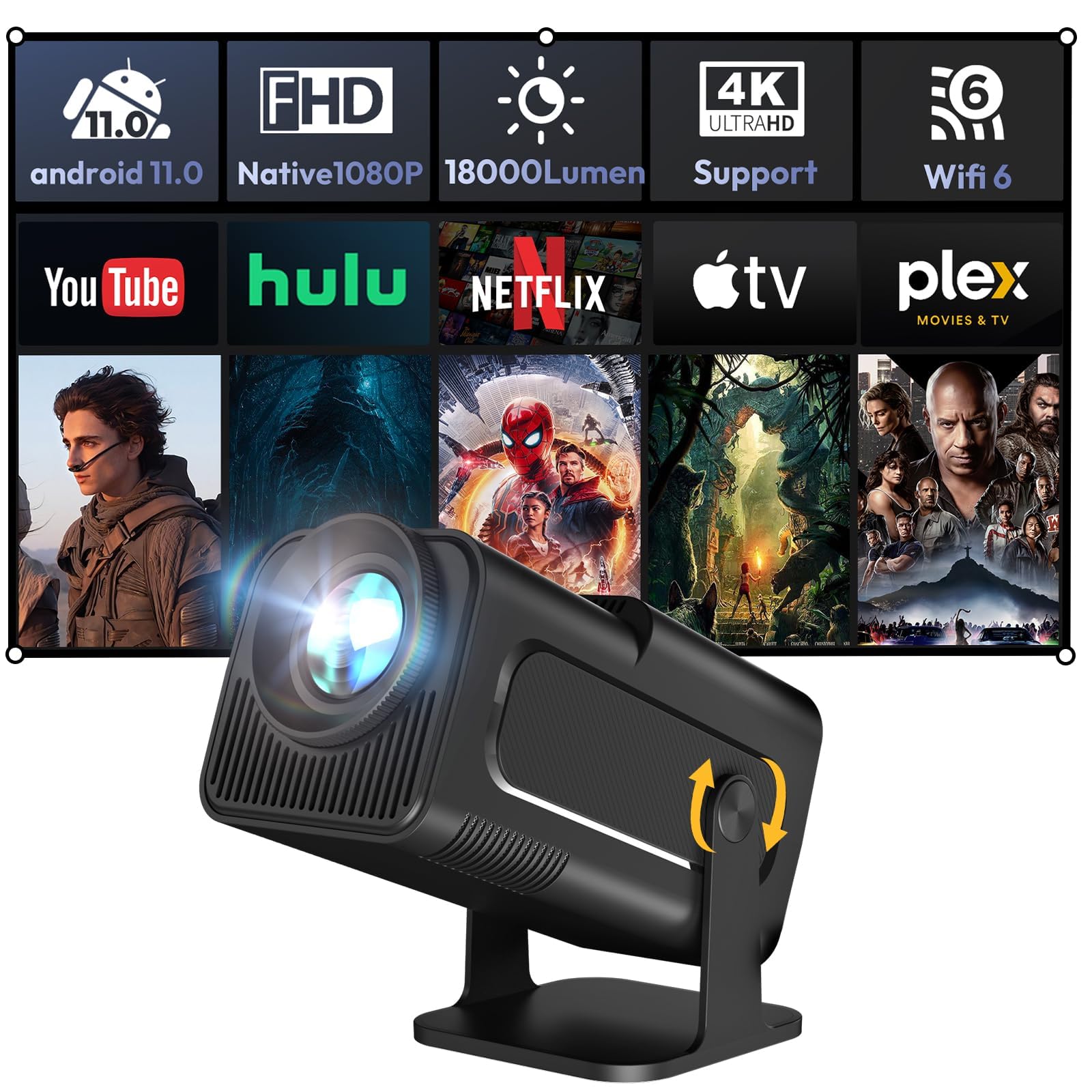 Photo 1 of Smart Mini Projector XGODY Gimbal5 Android 11 Full HD Projector Native 1080P 4K Support 5G WiFi 6 Bluetooth 5.0 Home Movie Projector Electric Focu Auto Keystone 180 Rotating For PC/Lap/PS5 Dull Black