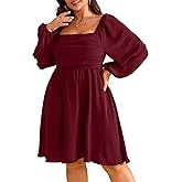 RWJ Womens Long Sleeve Mini Dress 2025 Fall Elegant Square Neck A Line Ruched Smocked Wedding Guest Party Plus Size Dresses