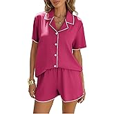 Ekouaer Women's Ribbed Button Down Pajamas Sets 2 Piece Short Sleeve Shorts Pjs Knit Lounge Sets